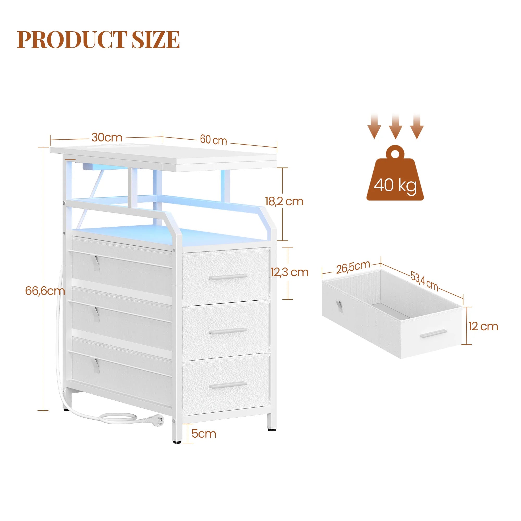 Side Table with Power Strip, Bedside Table with LED Light, Nightstand with 3 Drawers, 2 AC Outlets and 2 USB Ports
