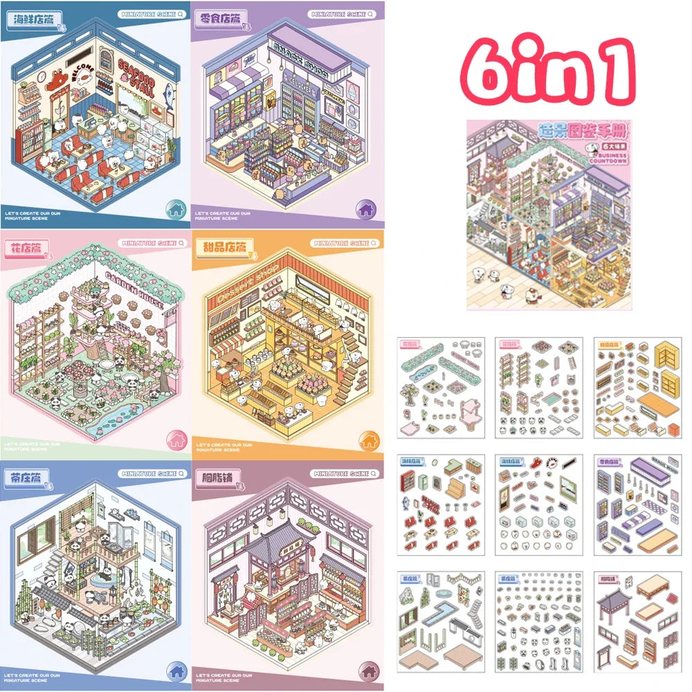6Sences in 1 Book 2.5D Landscape Sticker Cartoon Cabin Scene DIY Sticker Stacking Pasting Festival Birthday Gift for Kid Child