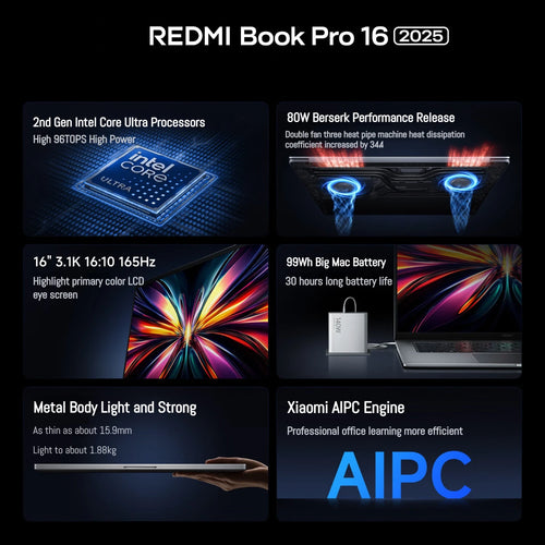 2025 New Xiaomi REDMI Book Pro 16 Laptop Ultra5-225H Ultra7-255H/32GB/1TB 2.5K/3.1K/120Hz Notebook