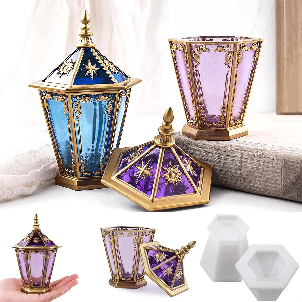 Eid Ornaments Candle Jar Silicone Mold DIY Hexagon Star Moon Relief Jewelry Storage Box Crafts Making Plaster Resin Clay Molds