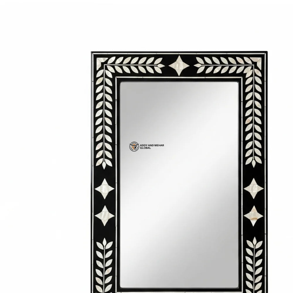 Handcrafted Black Square Art Deco Wall Mirror with Exquisite Mother of Pearl Laurel Inlay Geometric Detailing for Wedding Decor