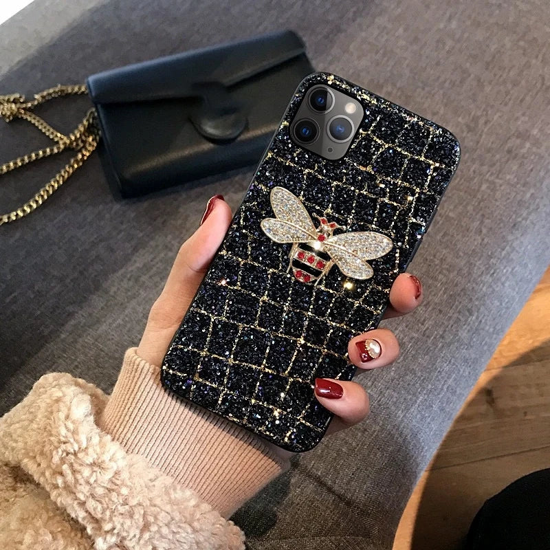 Luxurious Glitter Diamond Bee Phone Case For iPhone17 16 15 14 13 12 11 Pro MAX Plus + Bling Cover For iPhone17 promax