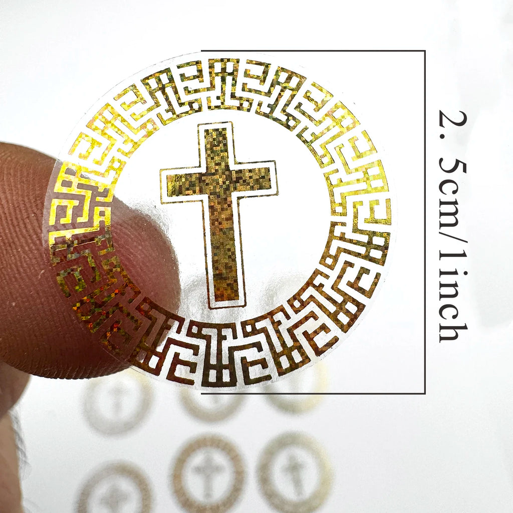 500 Pcs Foil Golden Cross Round Stickers Roll – Elegant Religious Decorative Seals for Scrapbooking, Journals, Planners