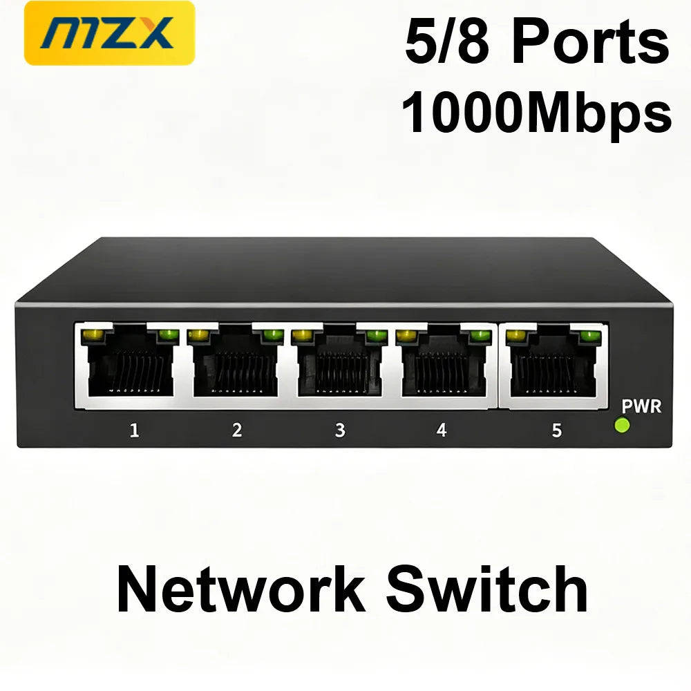 MZX Gigabit Network Switch 5 8 Ports 1000Mbps Networking Switcher RJ45 Hub Ethernet Stable Smart Internet Laptop PC Accessories