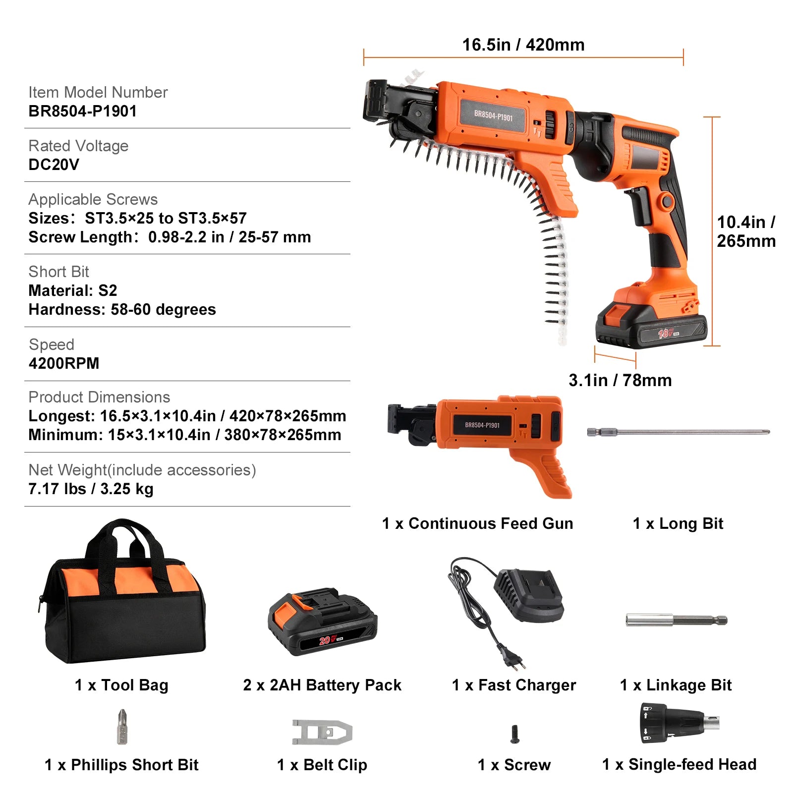 SucceBuy Drywall Screw Gun 20V Max Drywall Screwgun 4200RPM Brushles Cordless Drywall Kit Reverse Adjustable Built-in LED Light