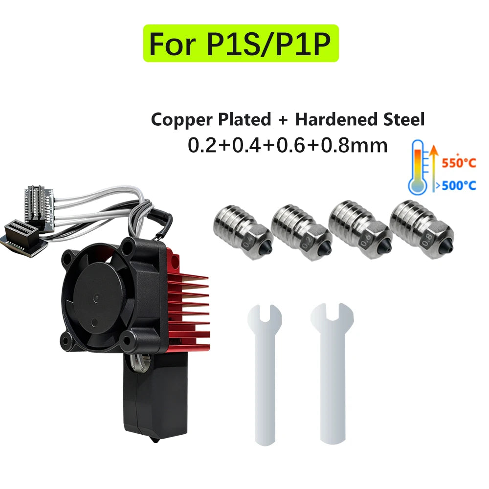 For Bambu Lab P1S Hotend Complete Assembly Upgrade Hardened Steel Extruder Kit For X1 X1C P1P P1S Fan Nozzle X1 Carbon Hot End