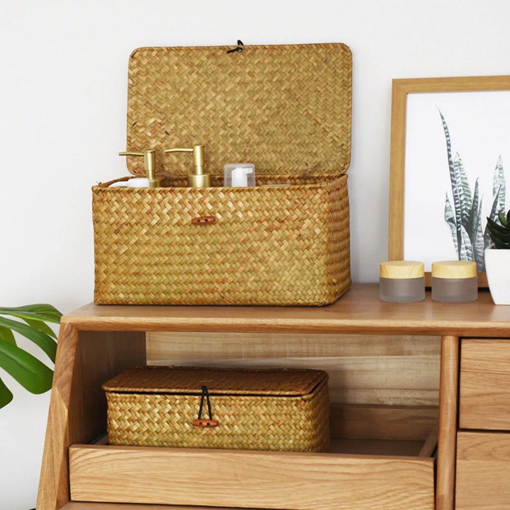 Wicker Storage Basket Woven Rattan Storage Laundry Basket With Lid Wooden Large Storage Box Home And Decoration Acceesories