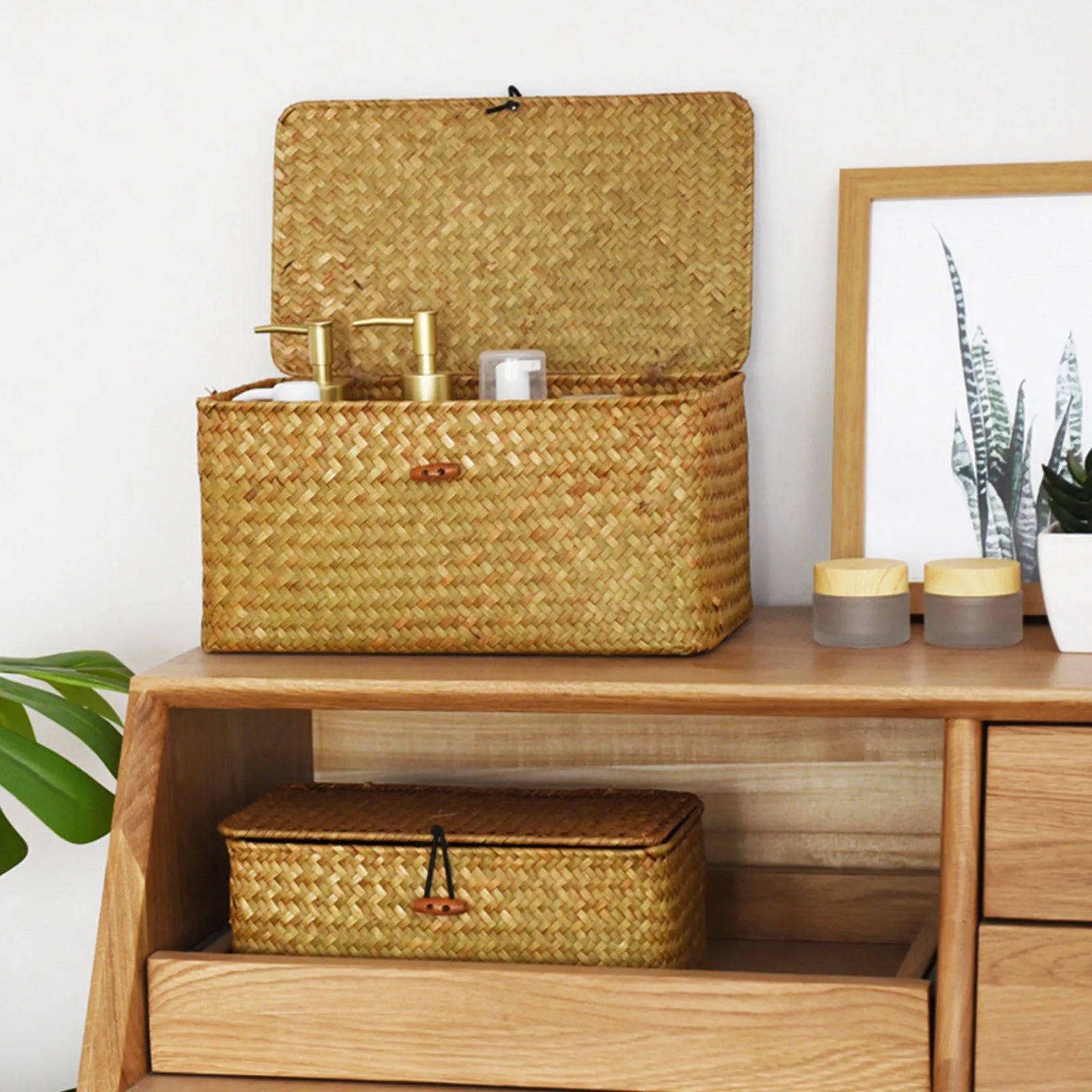 Wicker Storage Basket Woven Rattan Storage Laundry Basket With Lid Wooden Large Storage Box Home And Decoration Acceesories