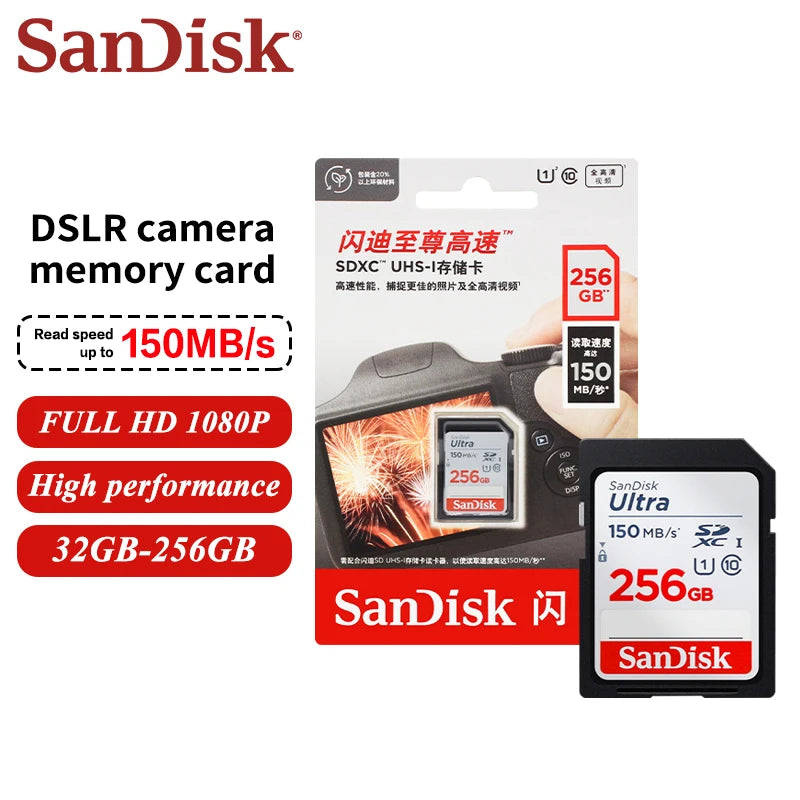 SanDisk Ultra SDHC SDXC UHS-I Memory Cards C10 U1 32GB 64GB 128GB 256GB Read speed Up to 150MB/s waterproof For Camera HD video