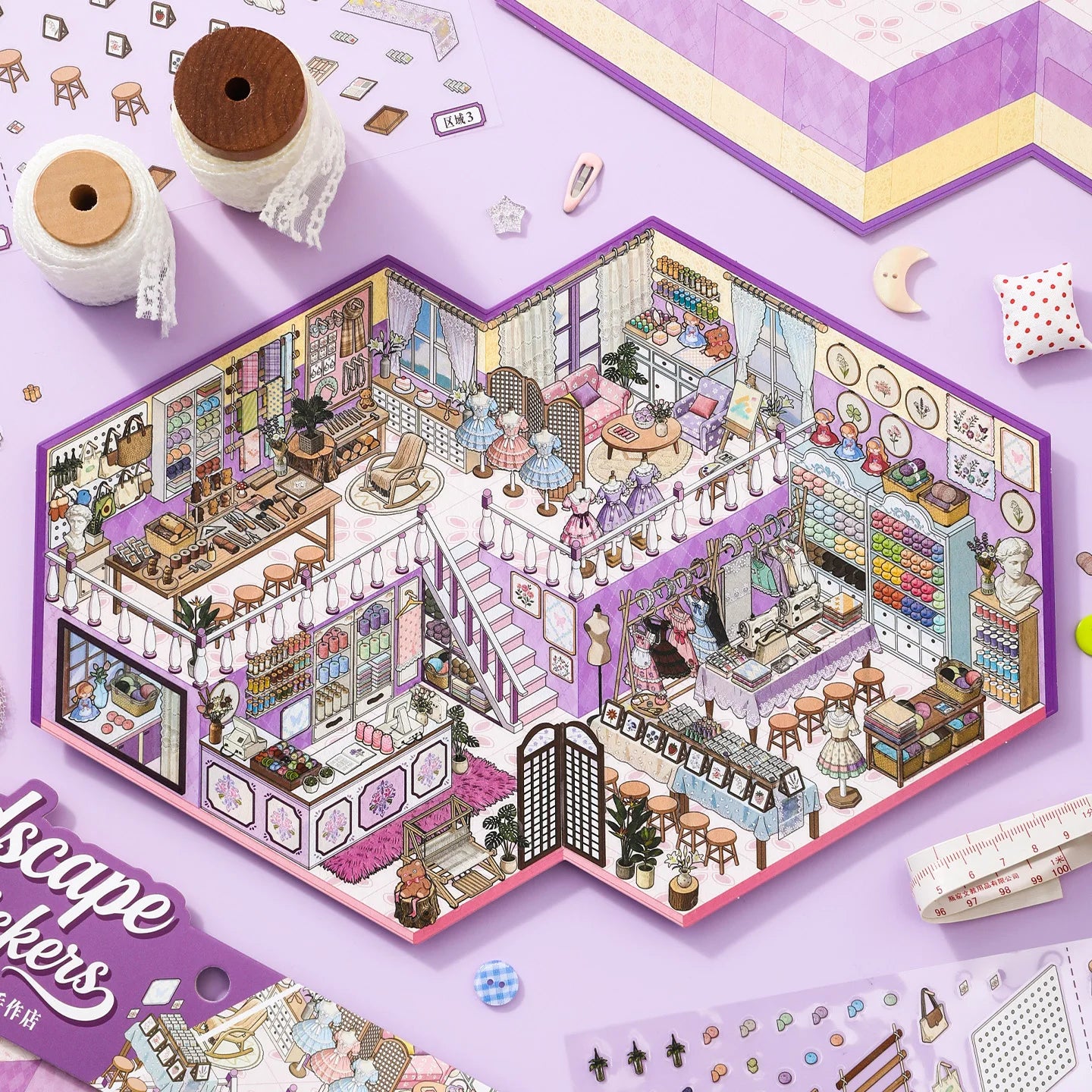 Kawaii  Handmade Shop 3D record store Landscape Sticker  DIY Pocket Cabin Scene festival gift