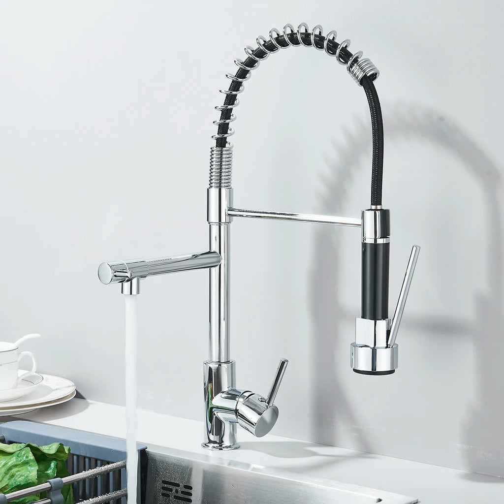 Kitchen Sink Faucet Pull Down Swivel Daul Spout Faucet Brass Deck Mounted Spring Single Handle Cold Hot Water Mixer Tap