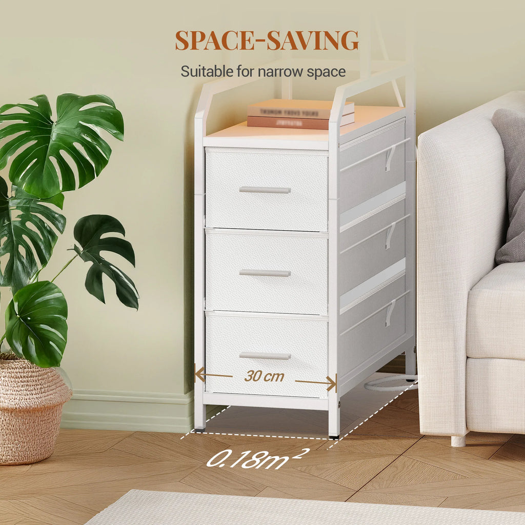 Side Table with Power Strip, Bedside Table with LED Light, Nightstand with 3 Drawers, 2 AC Outlets and 2 USB Ports