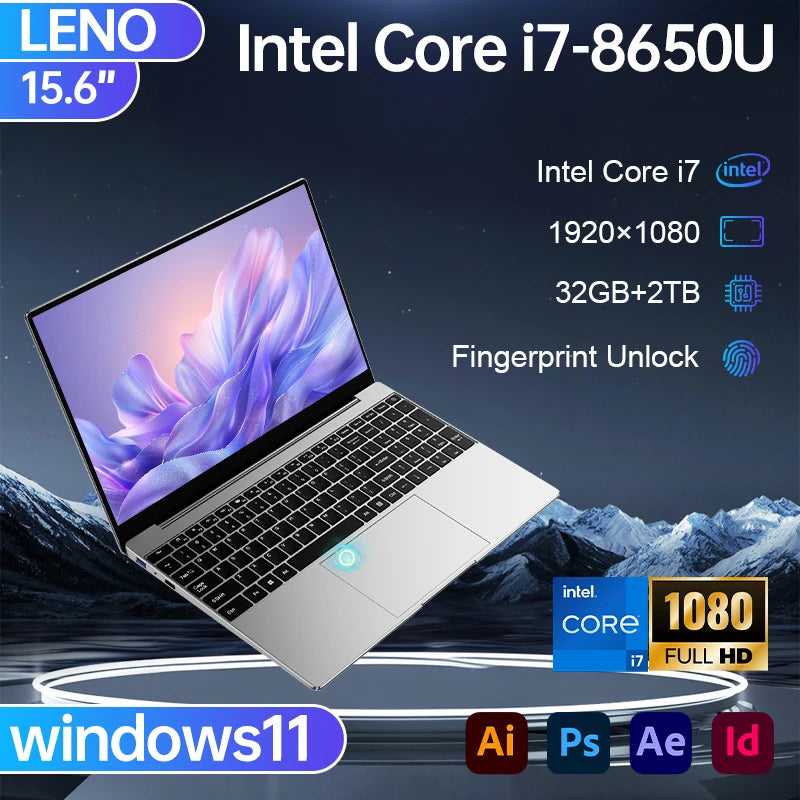 2026 LENO Gaming Laptop 15.6'' Windows 11  Intel Core i7-8650U 32GB RAM 2TB SSD Laptop Fingerprint Unlock Office Notebook Computer