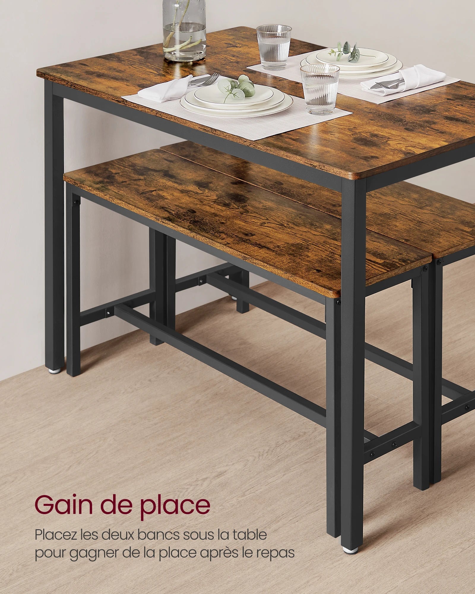 VASAGLE Dining Table with 2 Benches, 3 Piece Set, Kitchen Table of 70 x 110 x 75 cm, 2 Benches of 30 x 97 x 50 cm Each