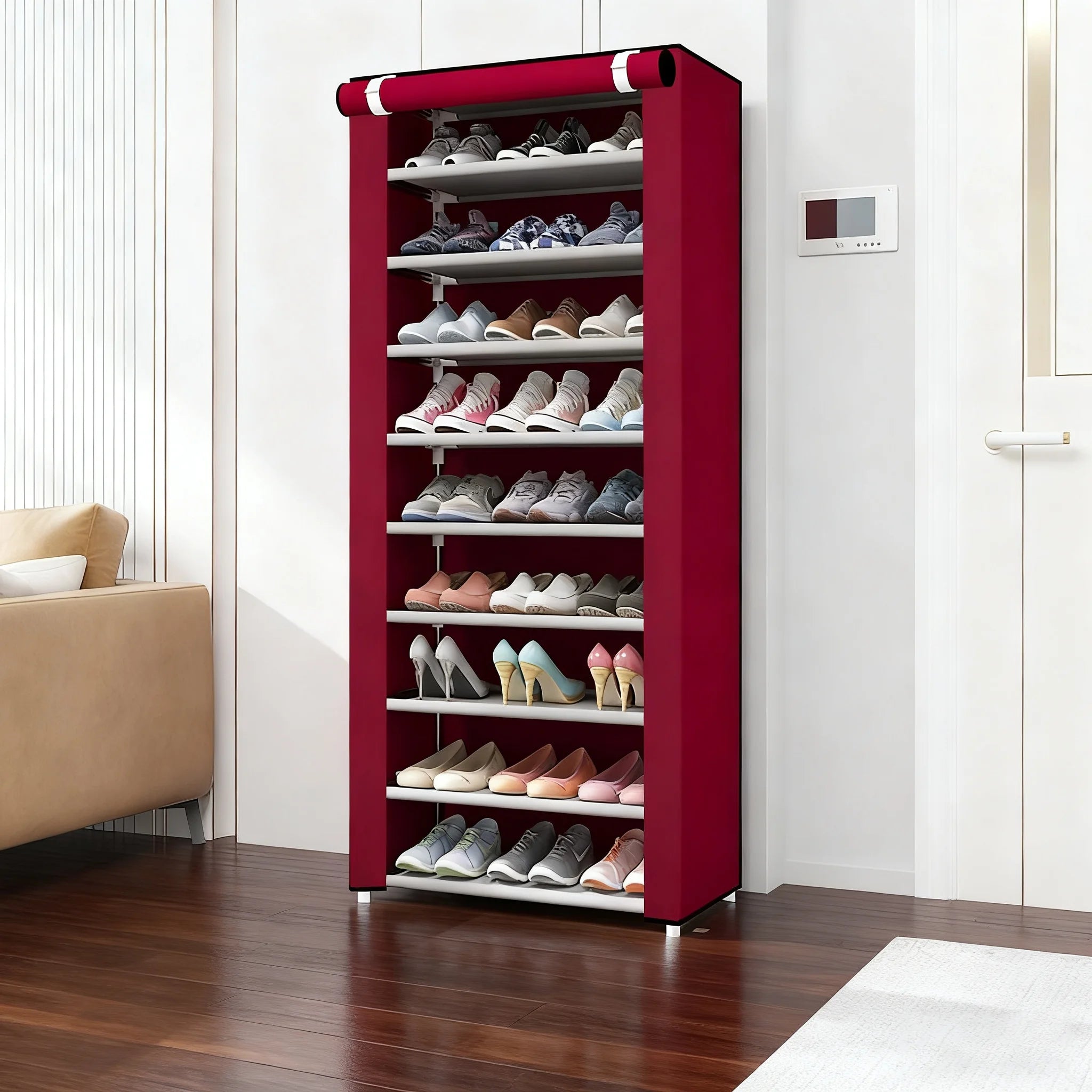 6-10 Tier Burgundy Heavy-Duty Shoe Cabinet with Lid - Easy to Assemble, Vertical Shoe Rack, Can Accommodate 18-30 Pairs of Shoes, Suitable for Dormitories, Schools, Home Storage, Shoe Storage Organizer, Shoe Rack Organizer, S