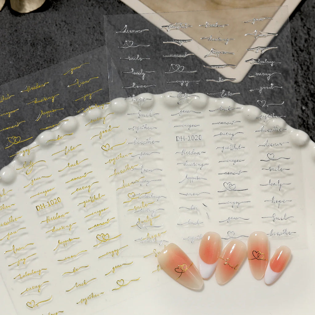 2pcs English Letter Vintage 3D Nail Art Stickers Love Letter Alphabet Vintage Gold Silver Black White Nail Decals DIY Manicures
