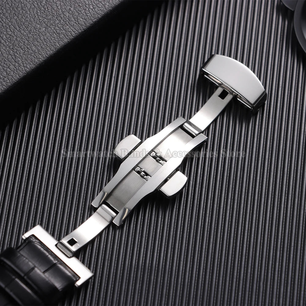 10/12/14/15/16/17/18/19/20/21/22/23/24mm Cowhide Leather Watch Strap Waterproof Sport Wrist Band Metal Butterfly Buckle Bracelet