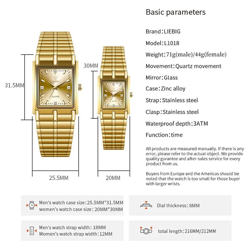 LIEBIG Luxury Quartz Watches Male Stainless Steel Bracelet Ladies Clock Fashion Golden Wristwatches Mens Women Relogio Masculino