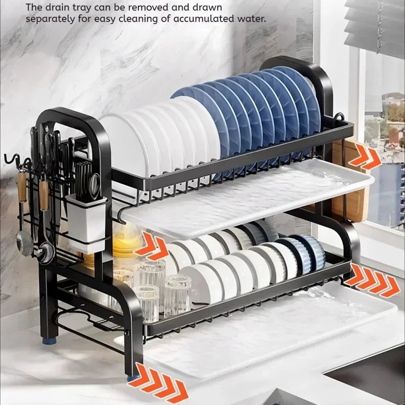 Dish Drying Rack Stainless Steel 2-tier Compact Kitchen Dish Rack Drainboard Large Rust-proof Dish Drainer With Utensil Holder
