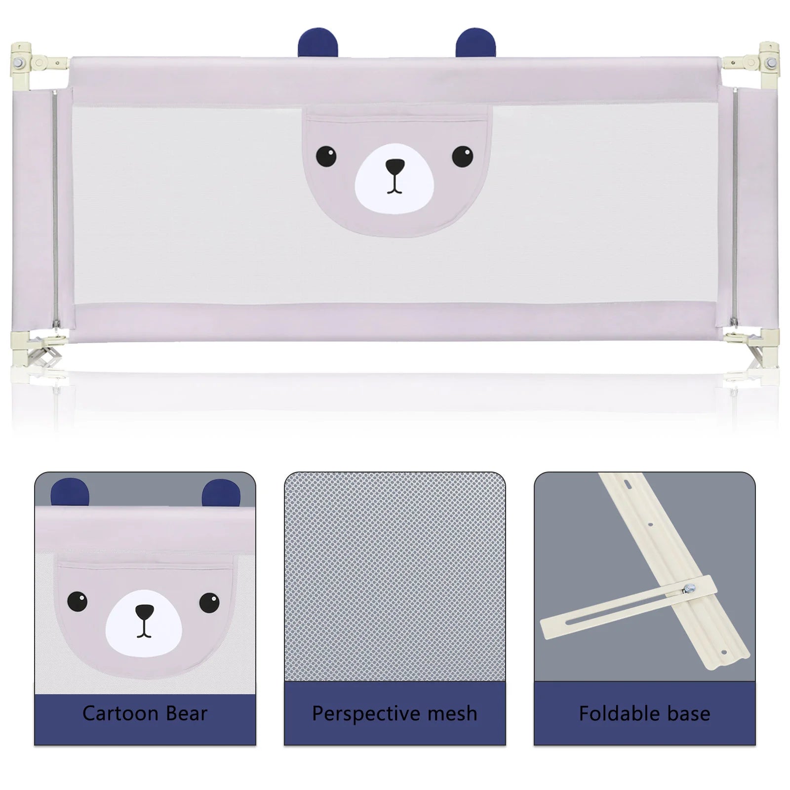 30-level adjustable baby bed barrier metal frame Anti-drop light gray breathable fabric with cute pattern, cm/cm