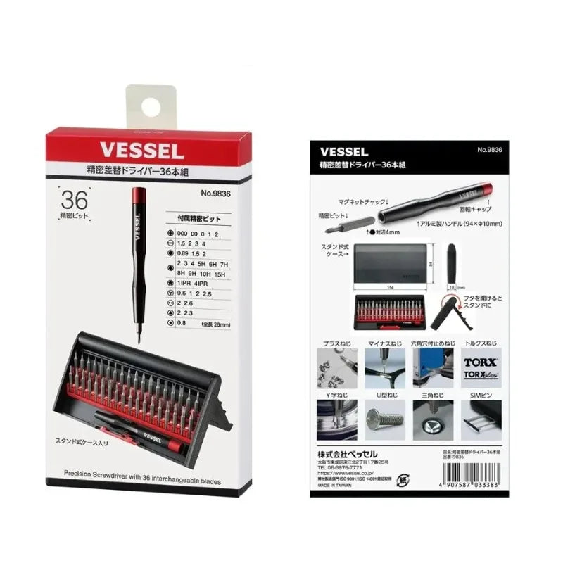 VESSEL 9836 Precision Screwdriver Set 36 pcs, Replaceable Screwdriver Bits Mini Screwdriver for Camera Watch Glass Repair Tool