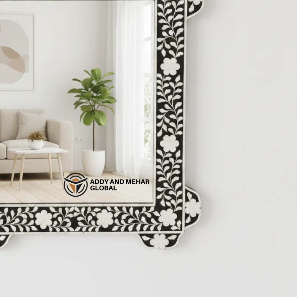 Black in White Bone Inlay Art Deco Eco-Friendly Wedding Wall Mirror Elegant Handcrafted Designer Mirror