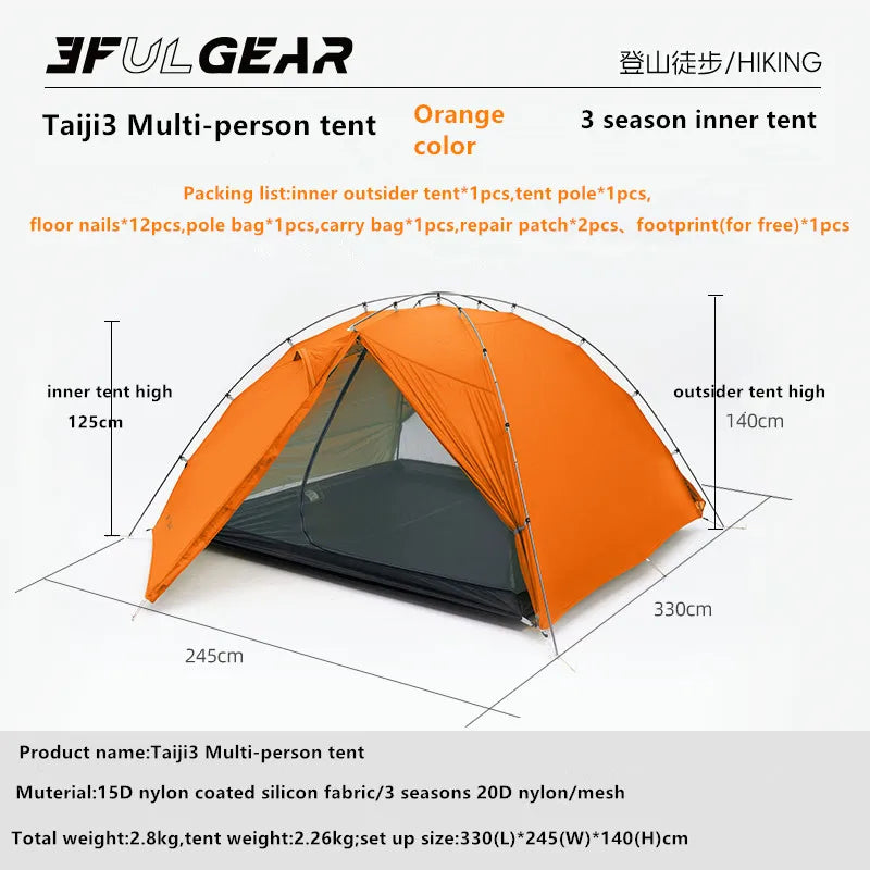 3F UL Gear Taiji3 Ultralight Tent 3/4 Season Portable Backpacking Tent for Multi person Double Layer Tent for Camping, Climbing