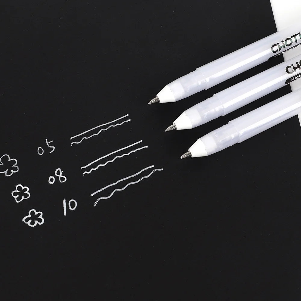 3PCS Gelly Roll Gel Pens White Highlight Marker for Journaling Art Drawing Classic White Ink Assorted Point Fine Medium Bold