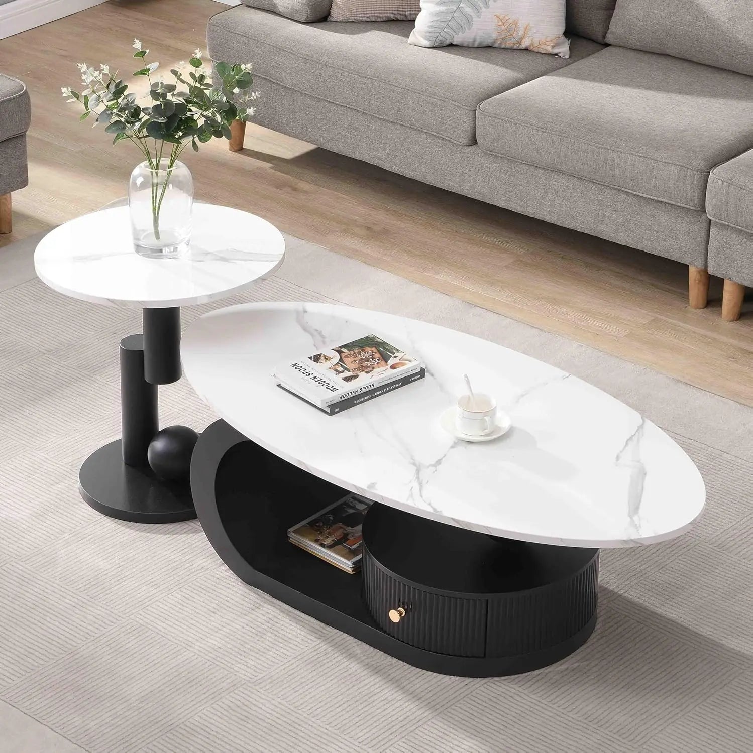 Modern Coffee Table with Silver Stainless Steel Pedestal,Oval Living Room Table with Faux Marble Top & Luxury, Customized