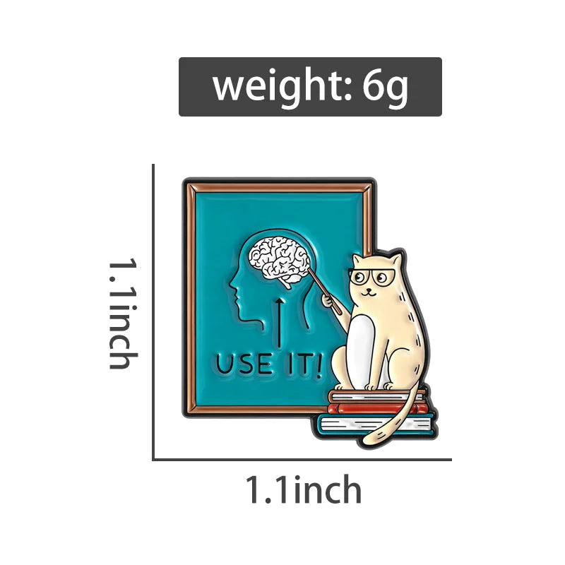 Cute Cat Teacher Brooch Enamel Pin Cat Teaching Use It Brain Encourage Thinking Brooches Clothes Lapel Badge Animal Jewelry Gift