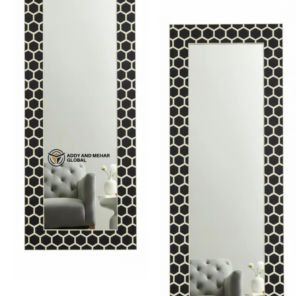 Black & White Bone Inlay MDF Art Deco Eco-Friendly Square Framed Wall Mirror Elegant Handcrafted Birthday & Wedding Gift