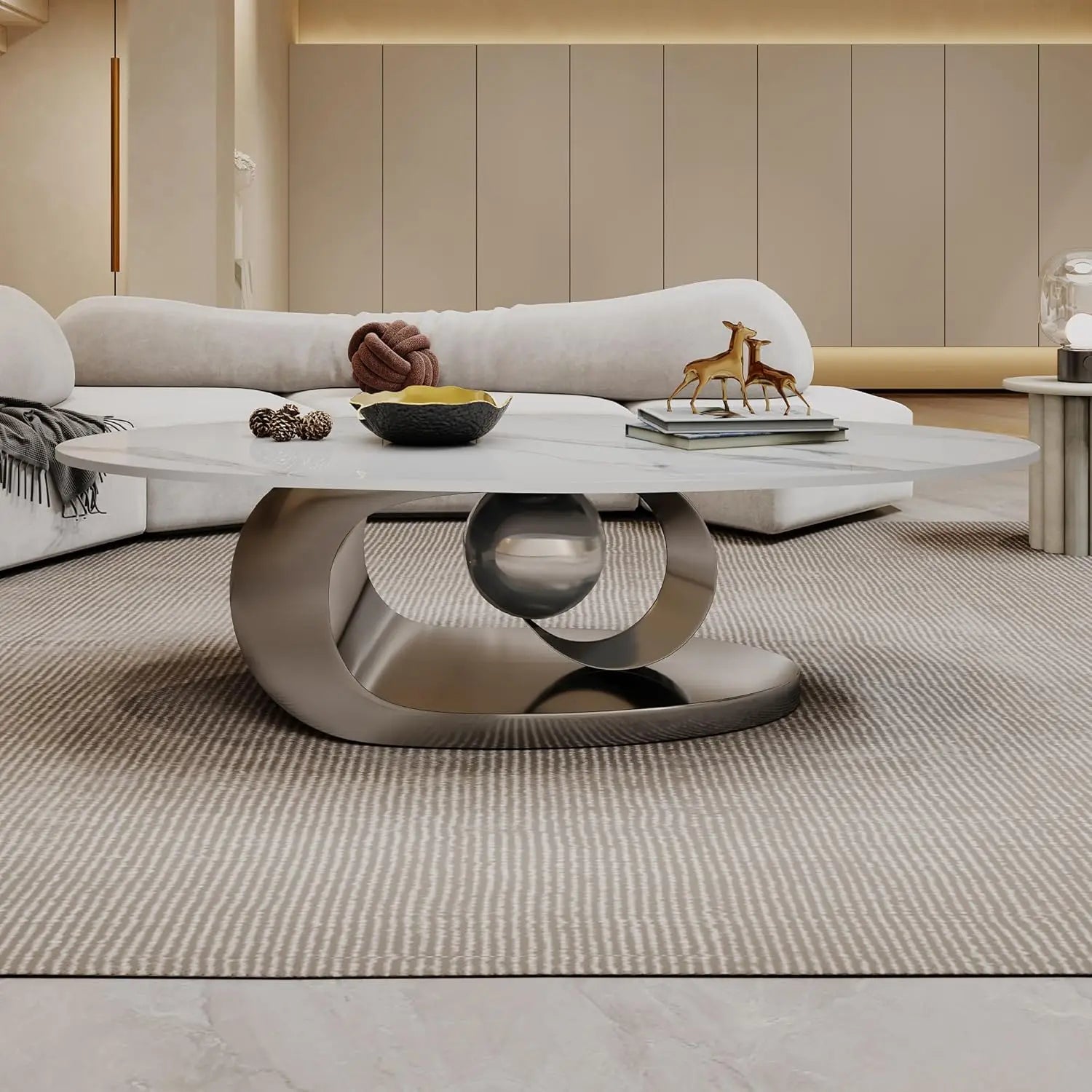 Modern Coffee Table with Silver Stainless Steel Pedestal,Oval Living Room Table with Faux Marble Top & Luxury, Customized