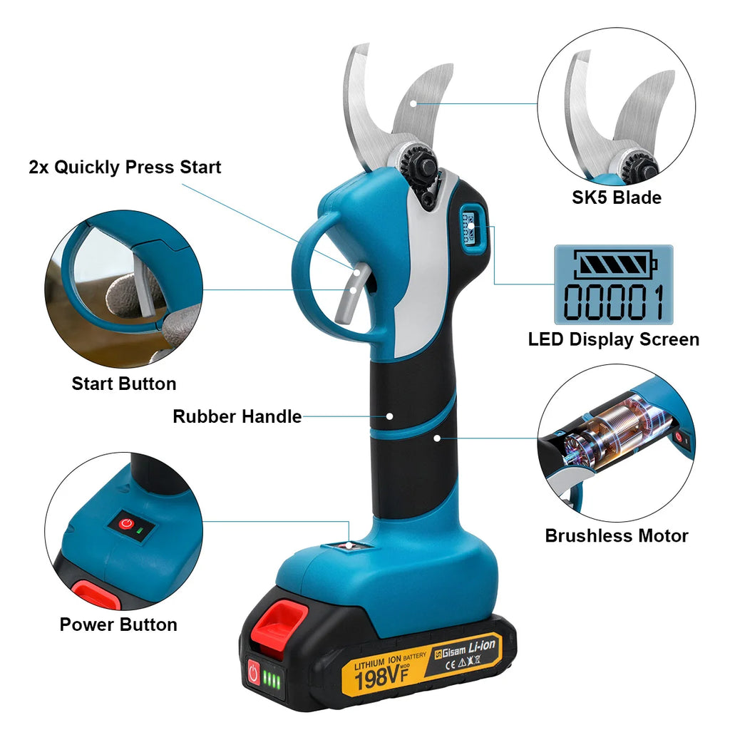 Gisam 40mm Brushless Electric Pruning Shears 1000W Cordless Fruit Tree Branches Scissors Power Tool For Makita 18V Battery Pins