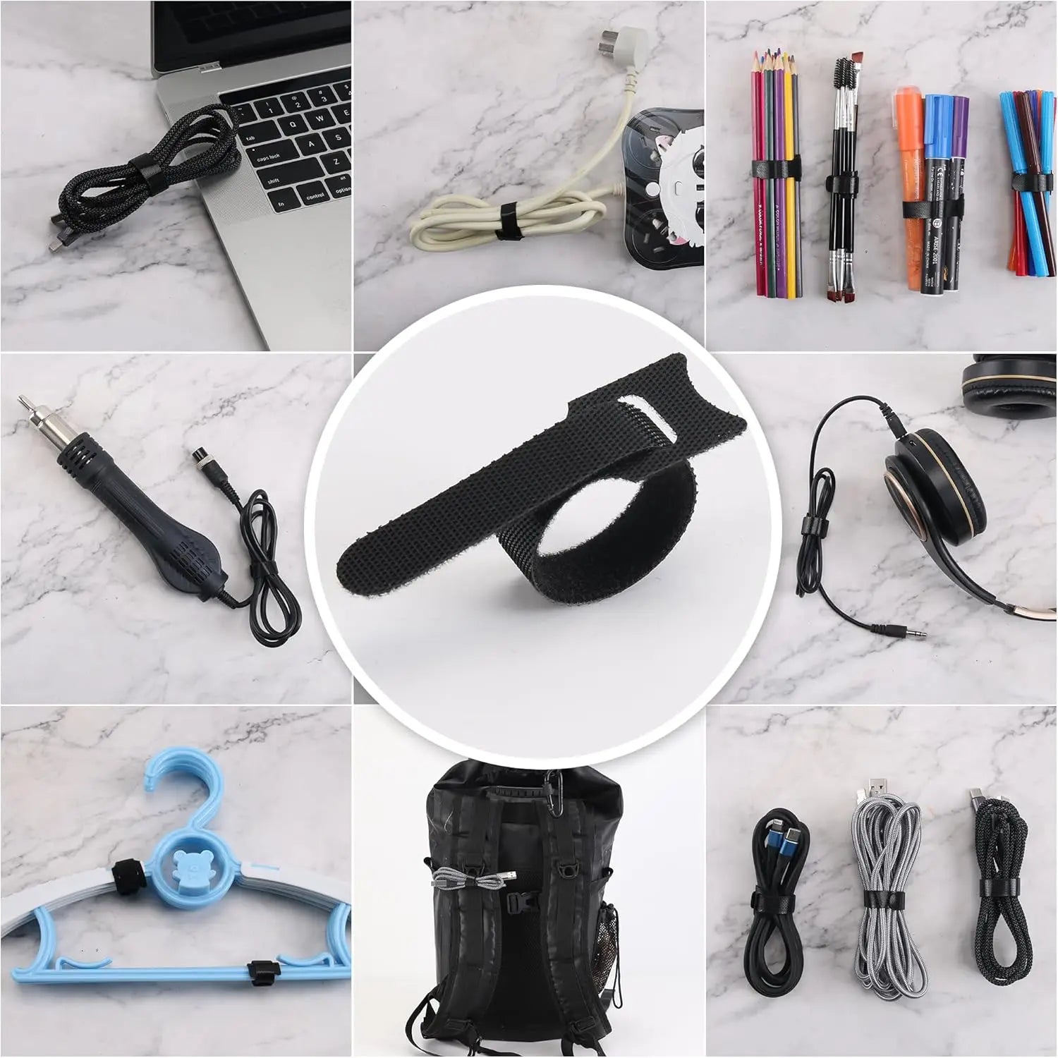 Black Releasable Cable Ties Nylon Loop Hoop Fastener Tape Cord Straps Wire Organizer Multi-Purpose Bundling Wrap Tie