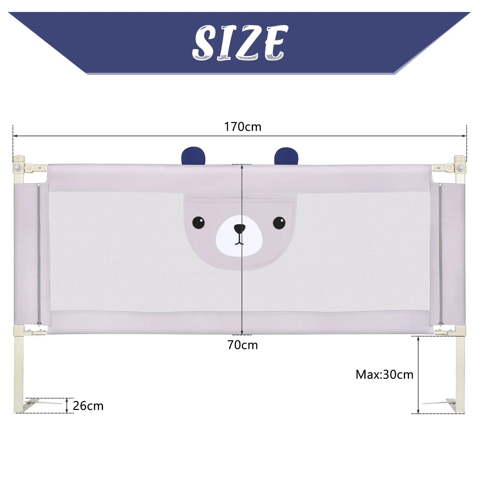 30-level adjustable baby bed barrier metal frame Anti-drop light gray breathable fabric with cute pattern, cm/cm