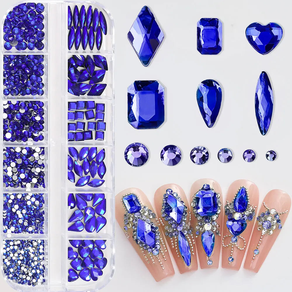 12Grids 3D Pink Nail Art Rhinestones Flatback Glass Gems Stones Nail Art Decorations Luxurious Diamond DIY Manicure Accessories