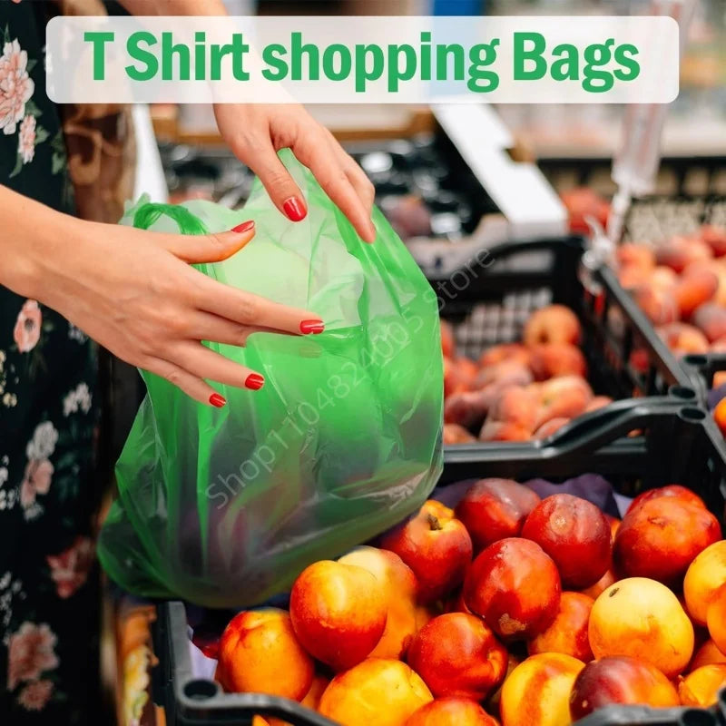 100Pcs Green Plastic Bag Disposable Vest Bag with Handle Kitchen Living Room Clean Food Packaging Supermarket Shopping Bag