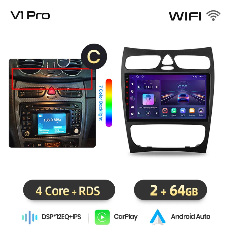 Junsun Wireless CarPlay Android Auto Car Radio For Mercedes-Benz C-Class (W203) / CLK-Class (C209/A209) 2000-2009 Built-in Cooling Fan Android GPS Navigation Multimedia Player WiFi DSP RDS BT SWC IPS Touch Screen Autoradio Vi