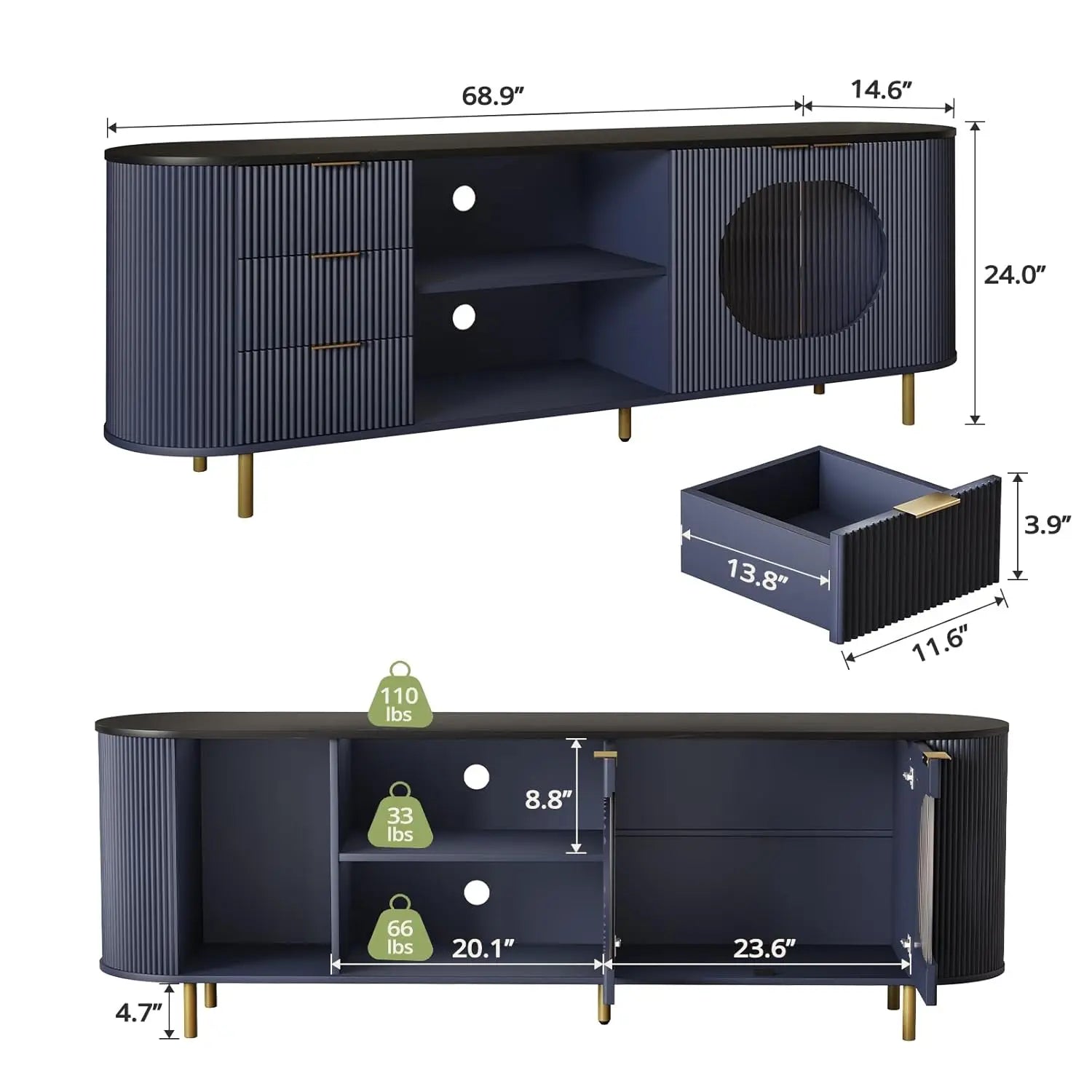 69" Fluted TV Stand Storage Console 3 Drawers & Doors Faux Marble Top Blue Customized