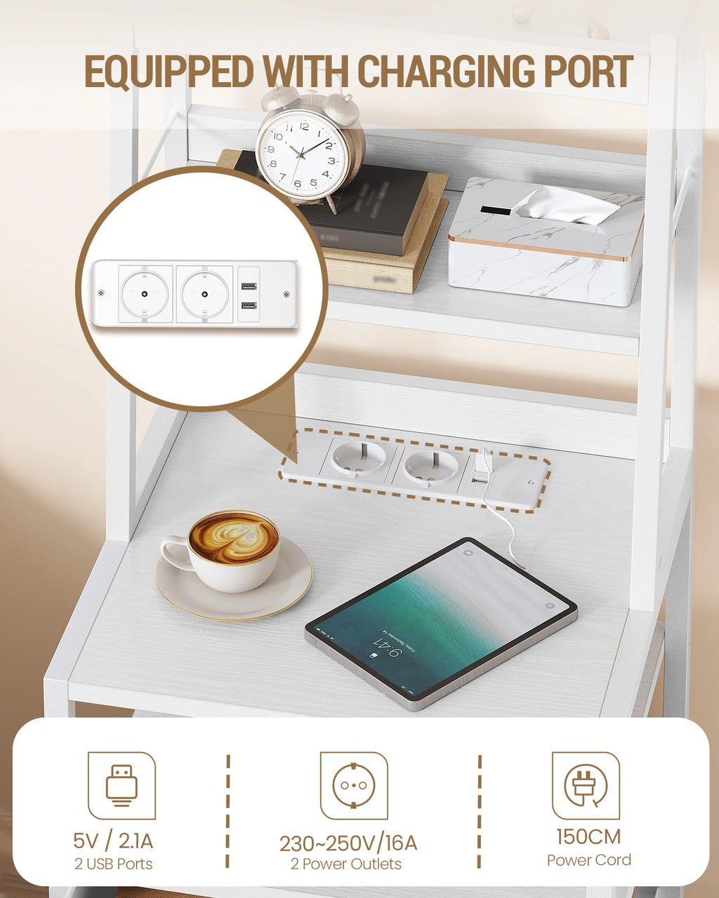 Bedside Table with Charging Function and Storage Compartment Metal 2 Sockets and 2 USB Ports Side Table with 3 Drawers Modern