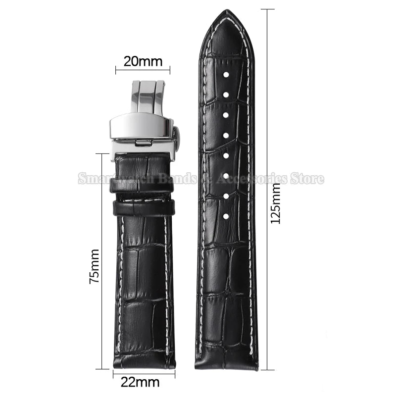 10/12/14/15/16/17/18/19/20/21/22/23/24mm Cowhide Leather Watch Strap Waterproof Sport Wrist Band Metal Butterfly Buckle Bracelet
