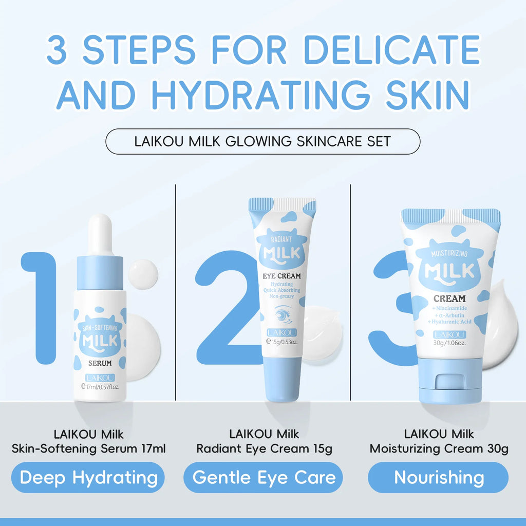 LAIKOU Milk Skincare Travel Set 3pcs Niacinamide Hyaluronic Acid Face Serum Eye Cream Face Cream Moisturizing Glowing Skin Care