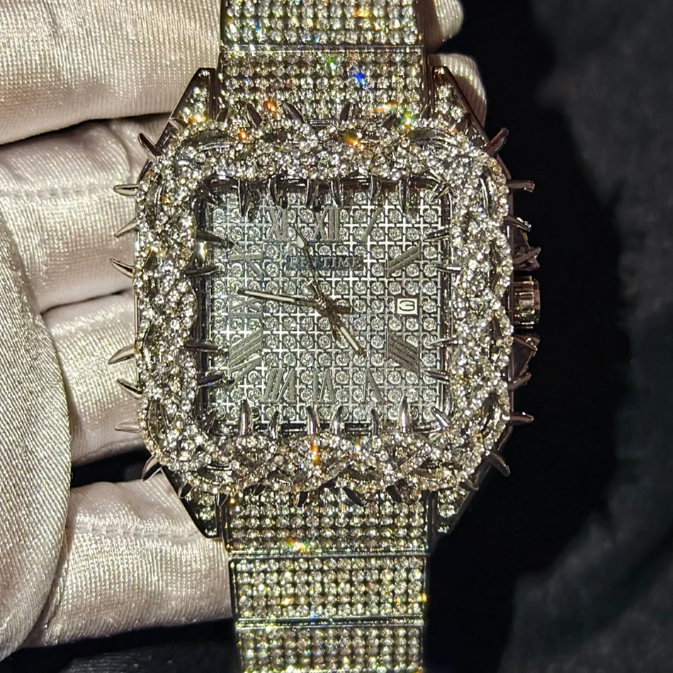 Black Spiked Diamond Quartz Watch Hip Hop Bling Full Crystal Wristwatch Men's Punk Style Daily Wear Jewelry with Gift Box