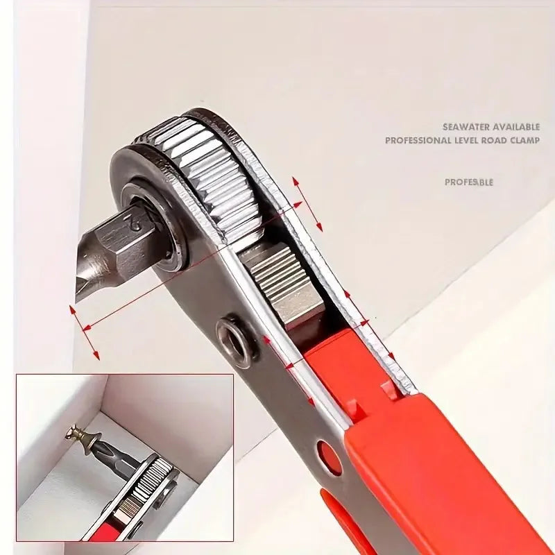 A Red Multifunctional Bidirectional Ratchet Screwdriver Right Angle Magnetic Wrench Cross Shaped Short Screw red Tool