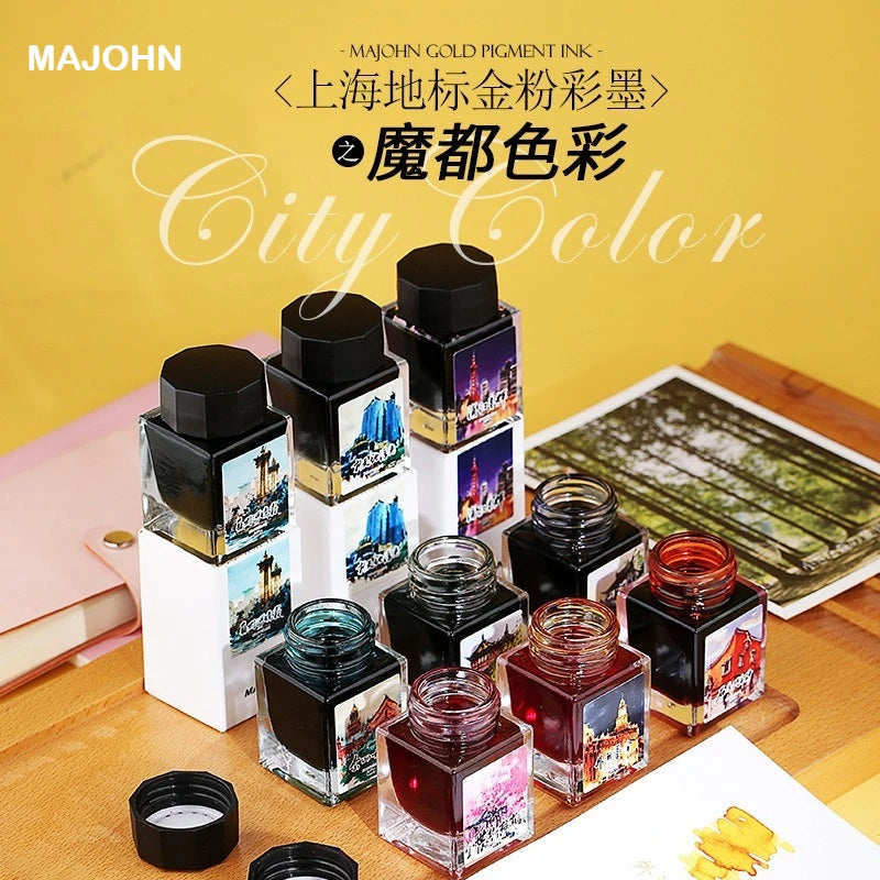 MAJOHN 20ml Shanghai Themed Glitter Ink for Fountain Pen Dip Pen Sketching Art Golden Particles Stationery School Supplies