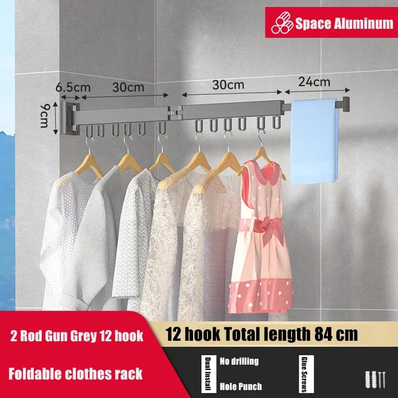 Retractable Cloth Drying Rack Folding Clothes Hanger Wall Mount  Indoor & Outdoor Space Saving Aluminum Home Laundry Clothesline