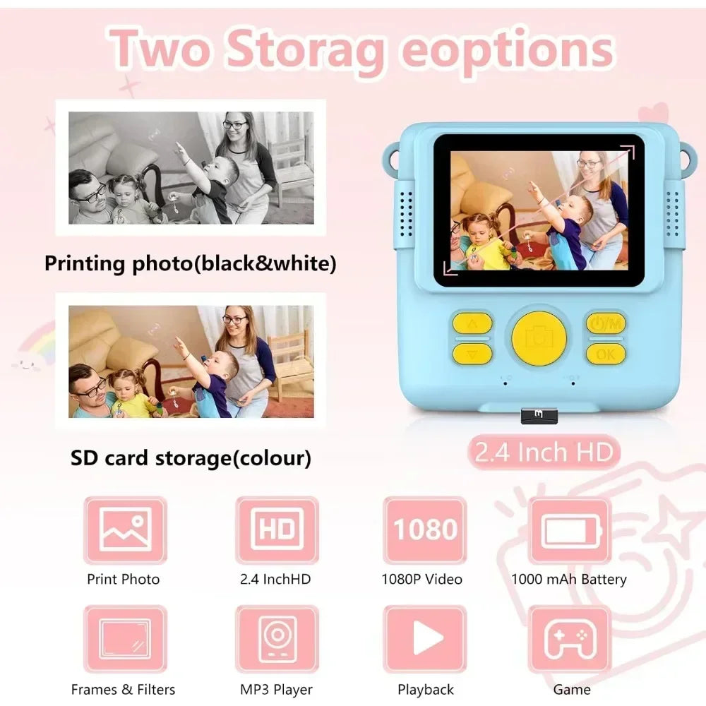 1080P Kids Camera Instant Print Portable Kids Camera with  32GB Card3 and Rolls Photo Paper , Perfect Gift for Toddlers