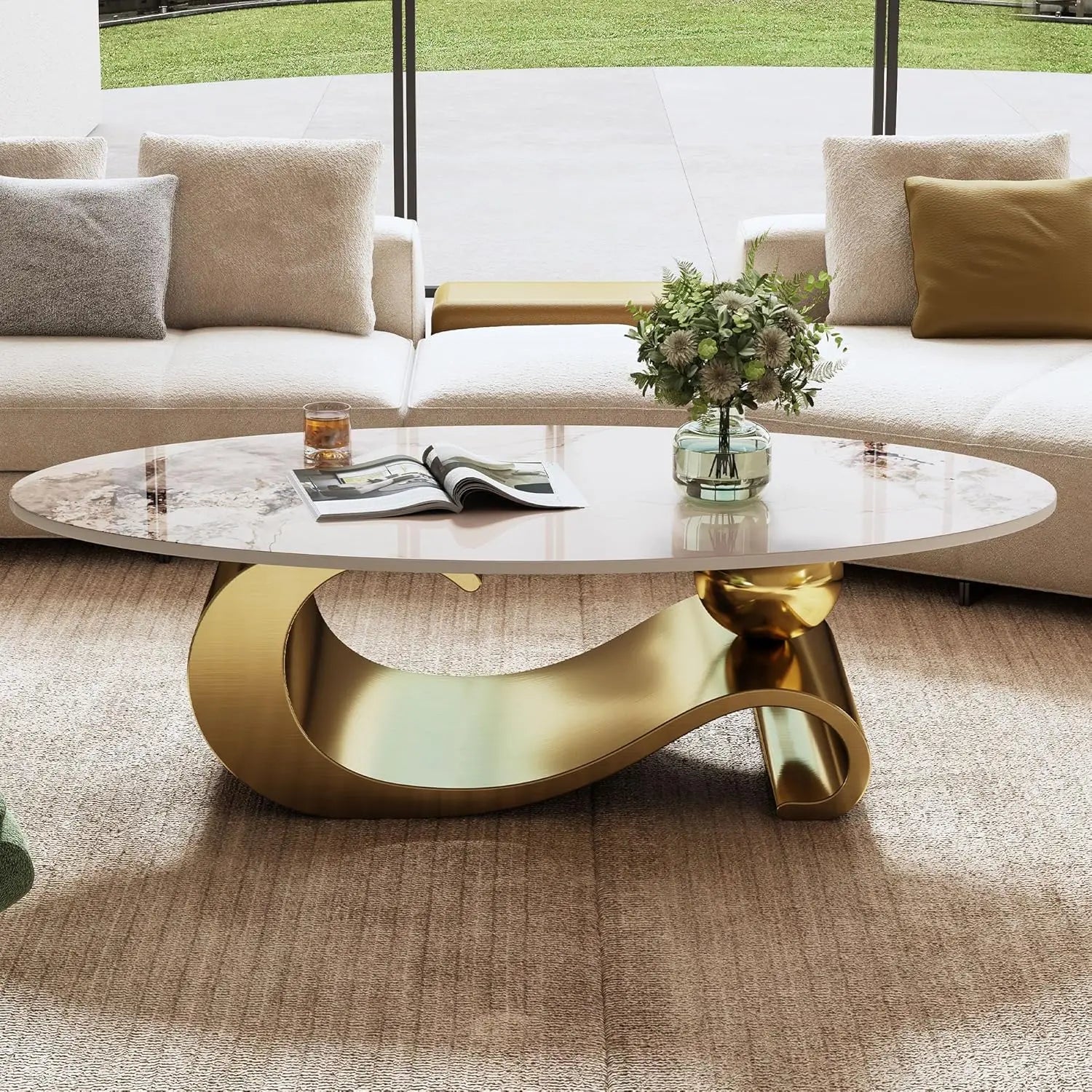 Modern Coffee Table with Silver Stainless Steel Pedestal,Oval Living Room Table with Faux Marble Top & Luxury, Customized