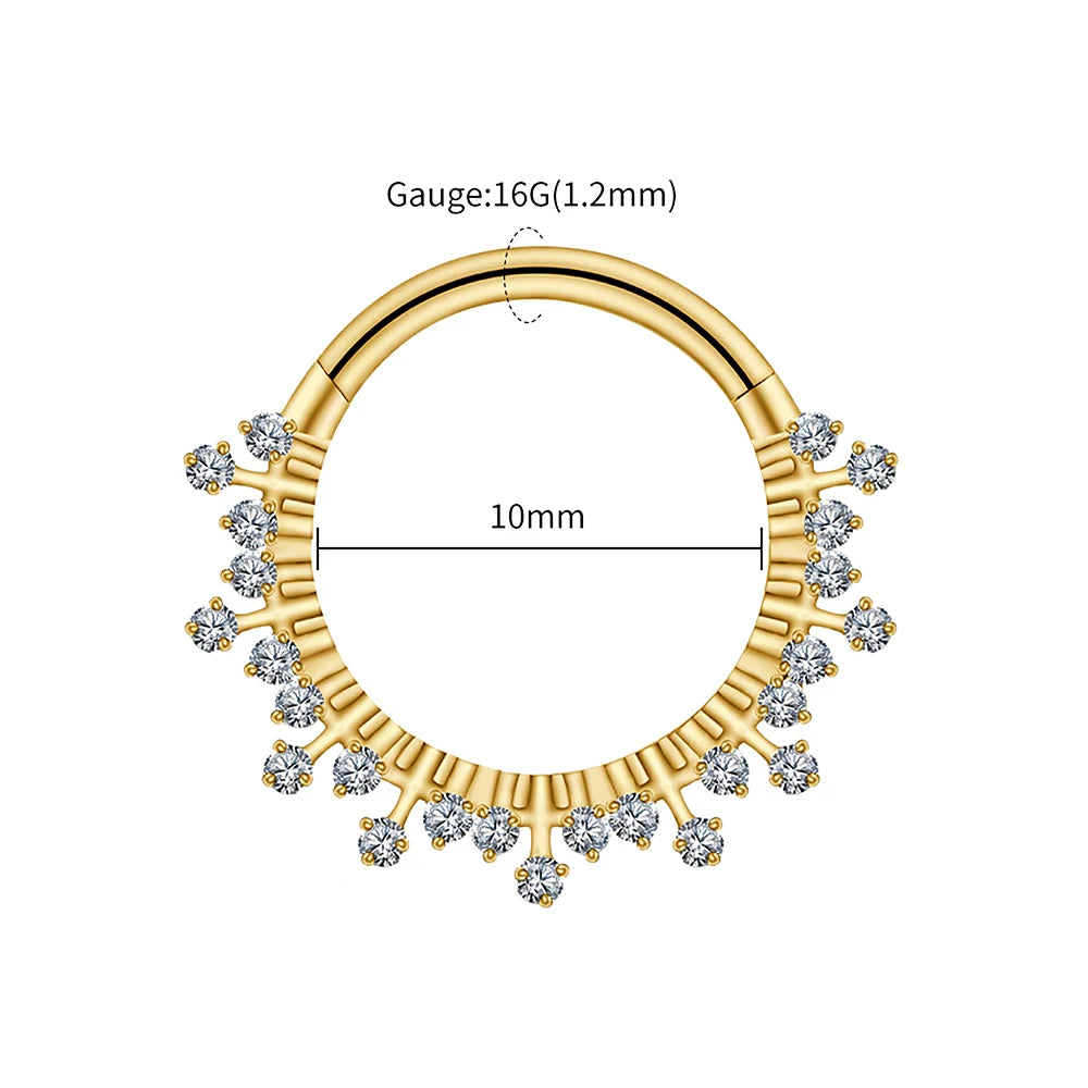 Right Grand ASTM F136 Titanium 16G CZ Hinged Clicker Segment Hoop Ring Sunburst CZ Daith Earring Septem Nose Piercing Jewelry