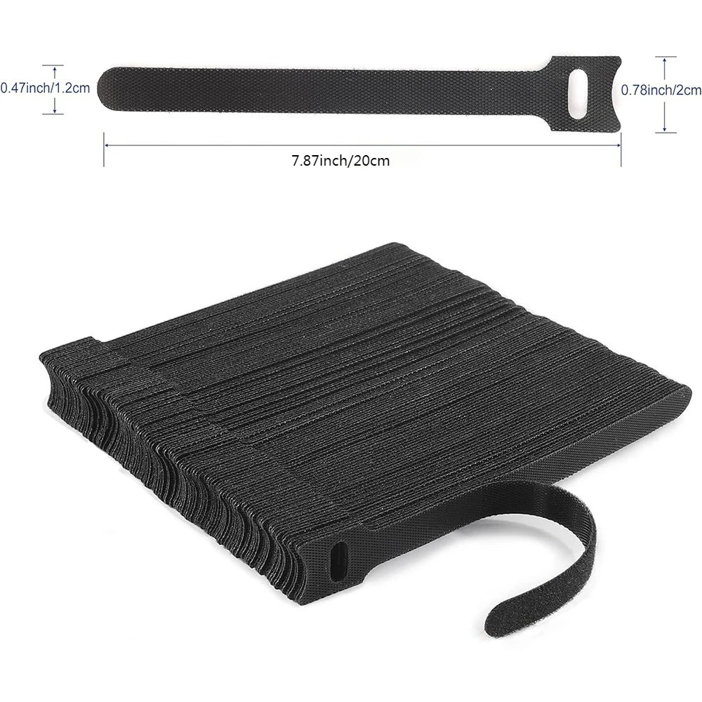Black Releasable Cable Ties Nylon Loop Hoop Fastener Tape Cord Straps Wire Organizer Multi-Purpose Bundling Wrap Tie